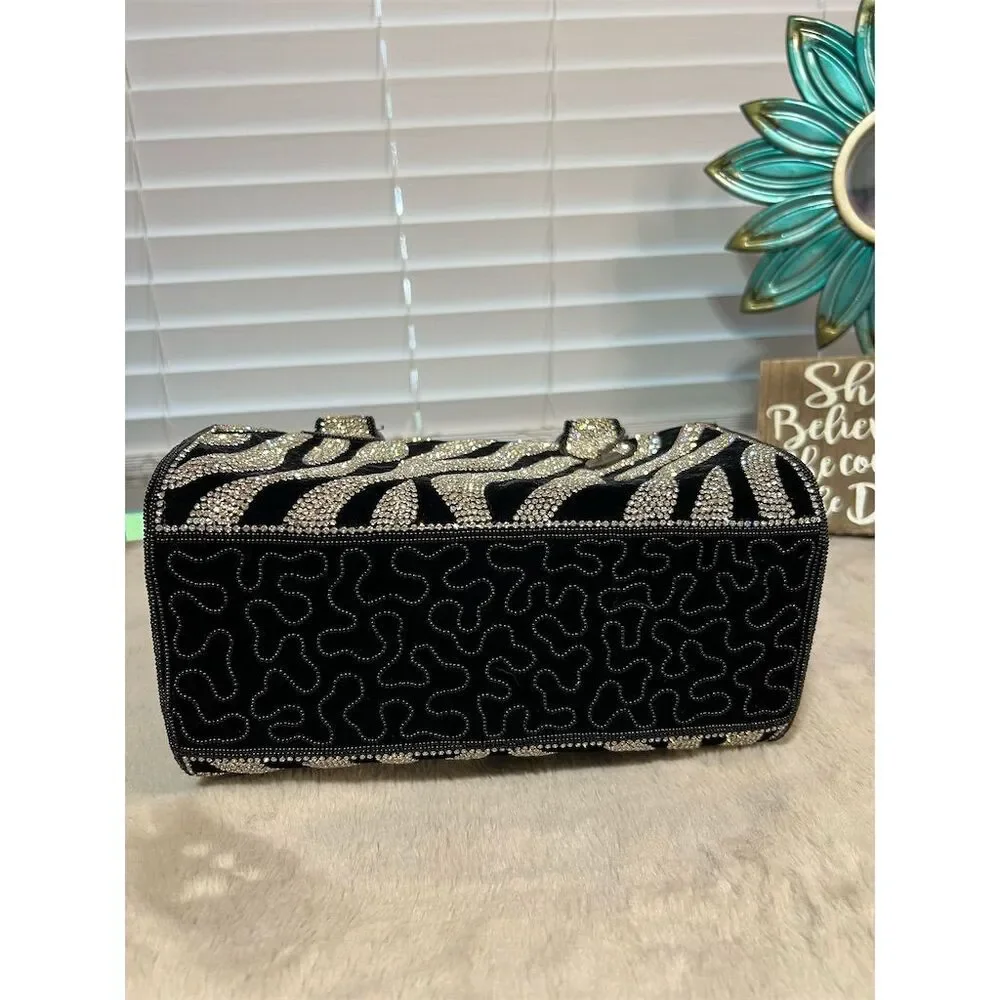 Mary Frances Glam Rock Zebra Print Satchel Rhinestone Accents